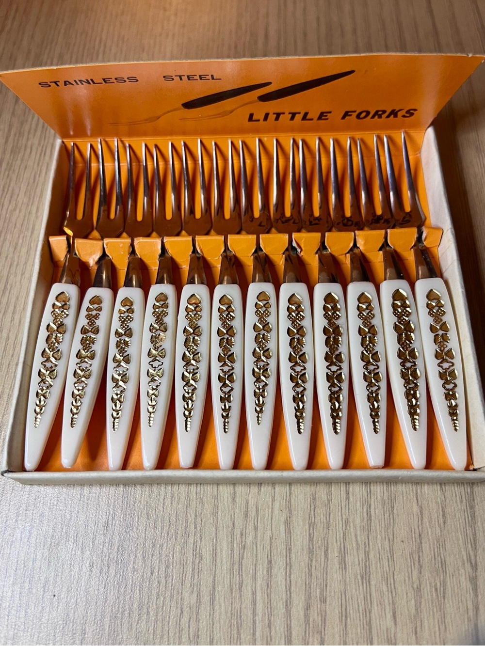 Vintage MCM White Gold Filigree Cocktail Appetizer Forks Set of 12